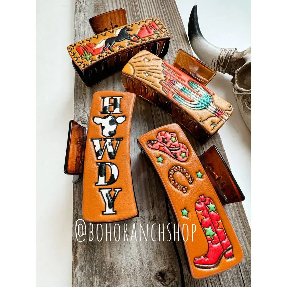 Western Embossed Faux Leather Claw Clip | Cowboy Hat, Horseshoe & Boot Hair Clip